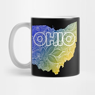 Colorful mandala art map of Ohio with text in blue and yellow Mug